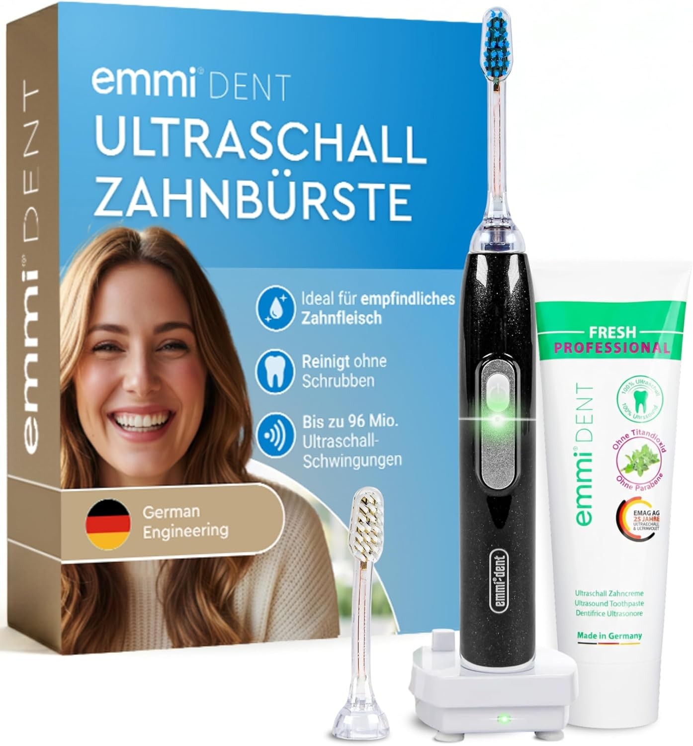 emmi-DENT Produktbeispiel: Ultraschall-Zahnbürste mit Ultraschall-Zahncreme